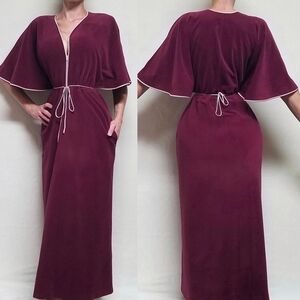 Vintage Vanity Fair Maroon Velour Double Tie-Waist Butterfly Sleeve Maxi Dress M